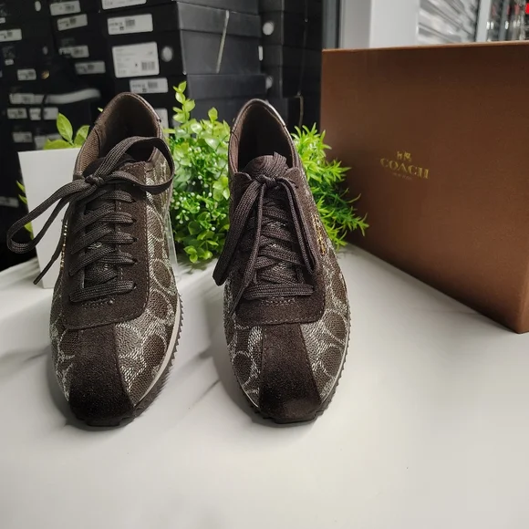 Coach Ivory Signature Monogram Sneakers | Black-Brown Chestnut Leather Trim - Picture 7 of 9
